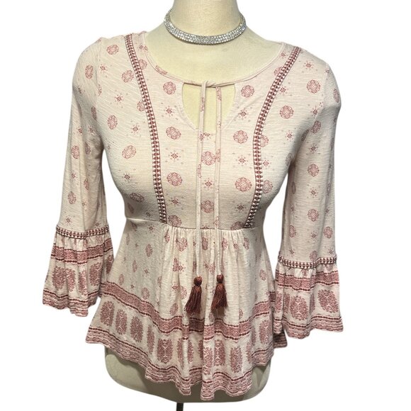RUE21 Peasant Top Boho Folksy Bell Sleeves Tie Front Pale Dusty Pink Size Small - Picture 2 of 6
